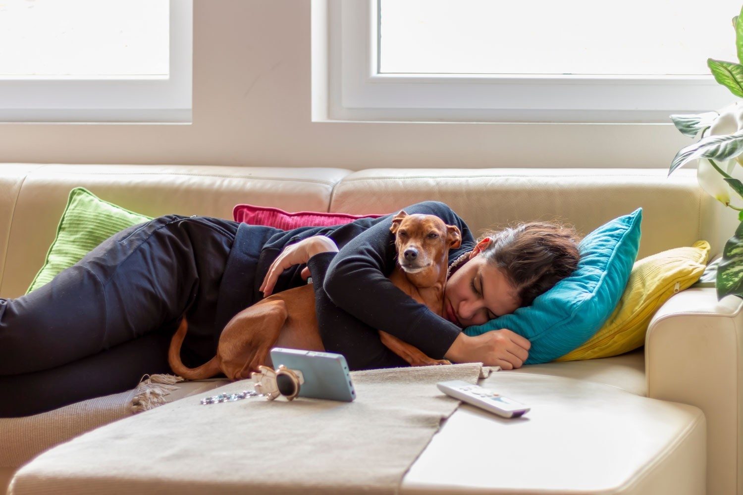 Une femme dort sur son divan avec son chien dans les bras